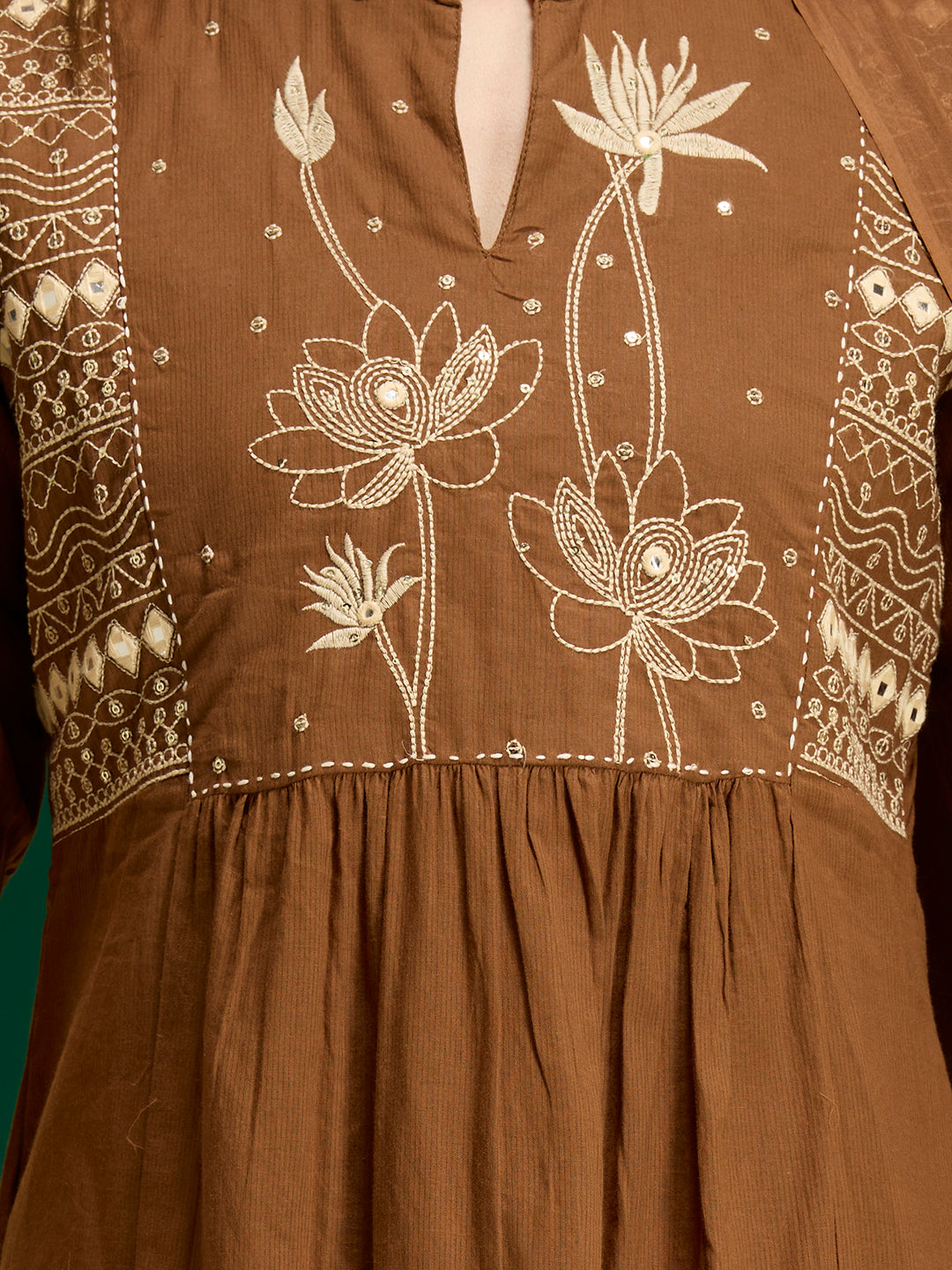 Floral Embroidered A-Line Pleated with Pant & Dupatta - Brown