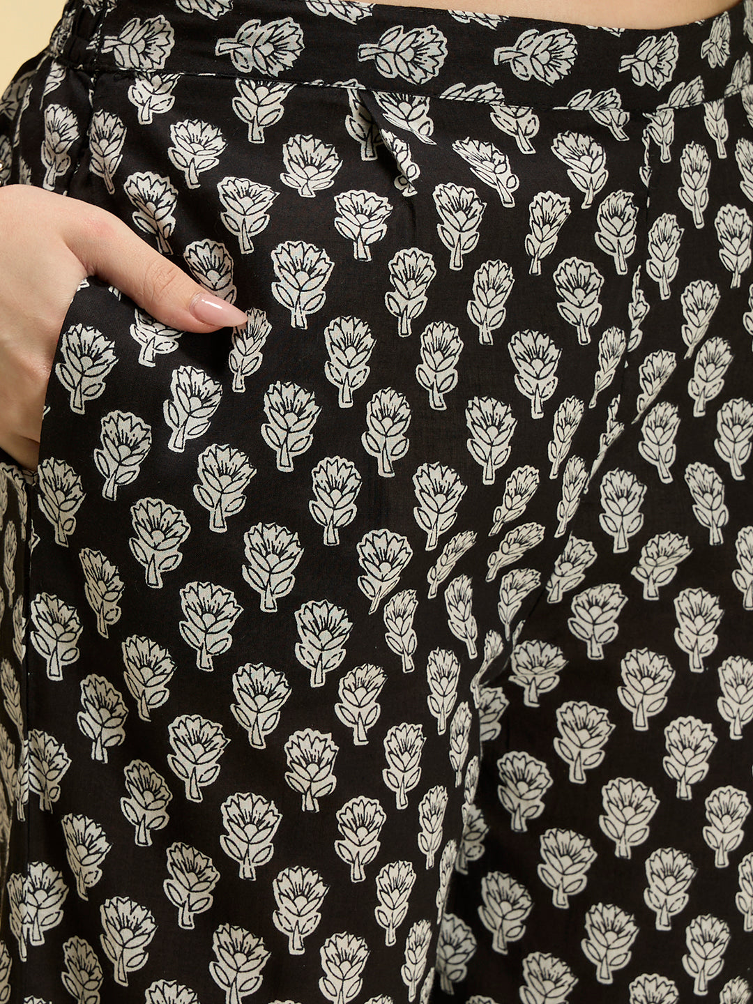 Ethnic Floral Printed Straight Kurta with Pant & Dupatta - Black