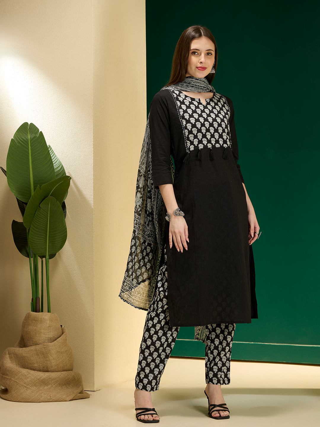 Ethnic Floral Printed Straight Kurta with Pant & Dupatta - Black