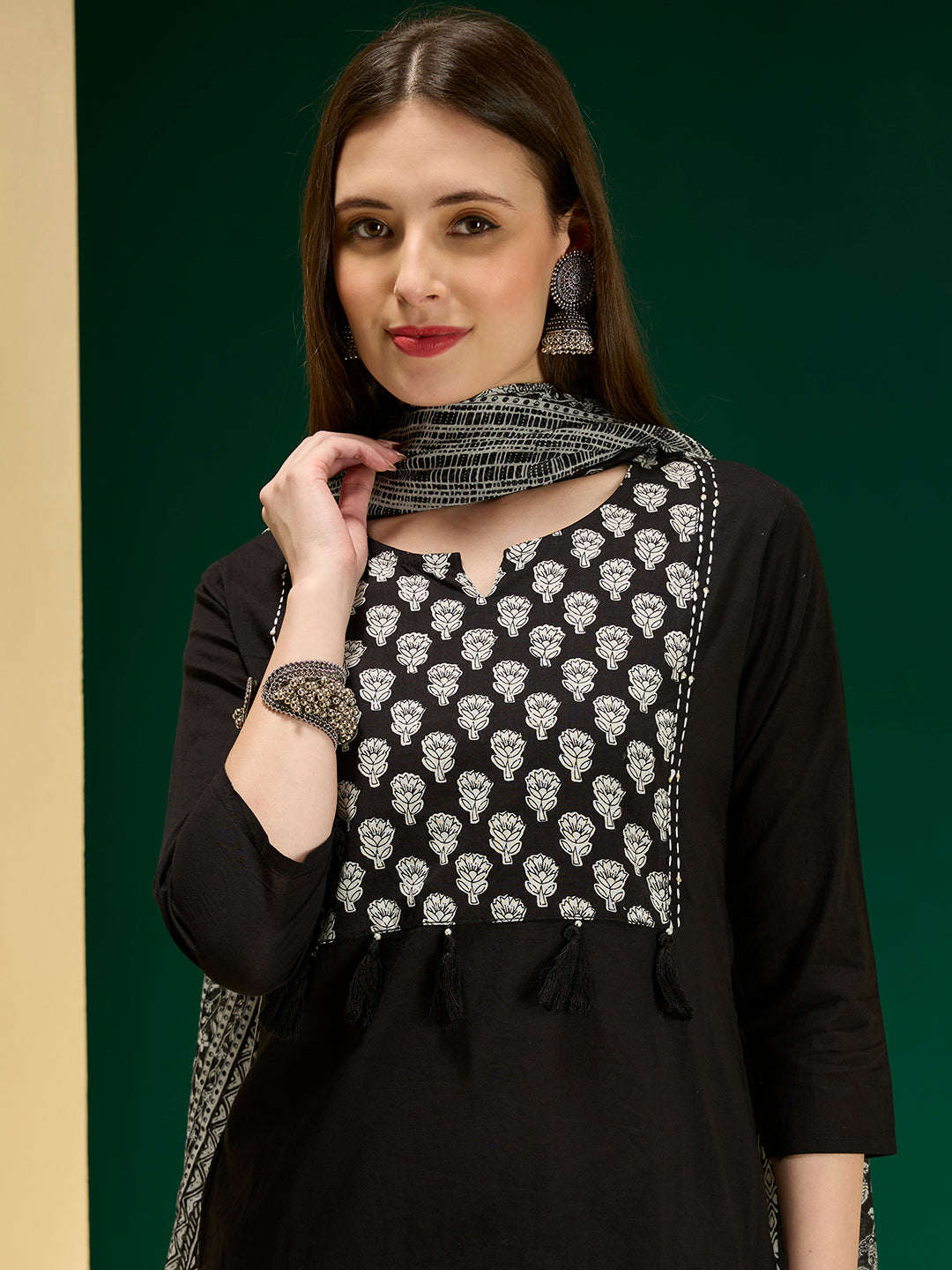 Ethnic Floral Printed Straight Kurta with Pant & Dupatta - Black