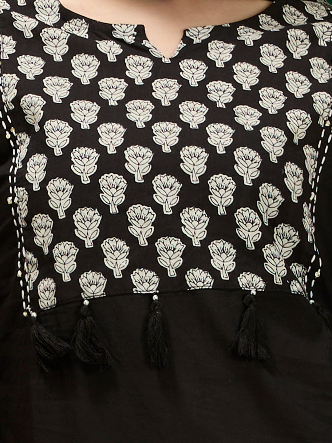Ethnic Floral Printed Straight Kurta with Pant & Dupatta - Black