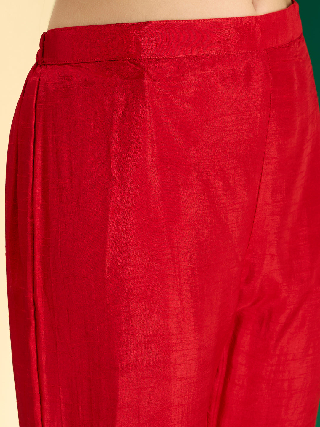 Solid Ethnic Hand Embroidered Straight Kurta with Dhoti & Dupatta - Red