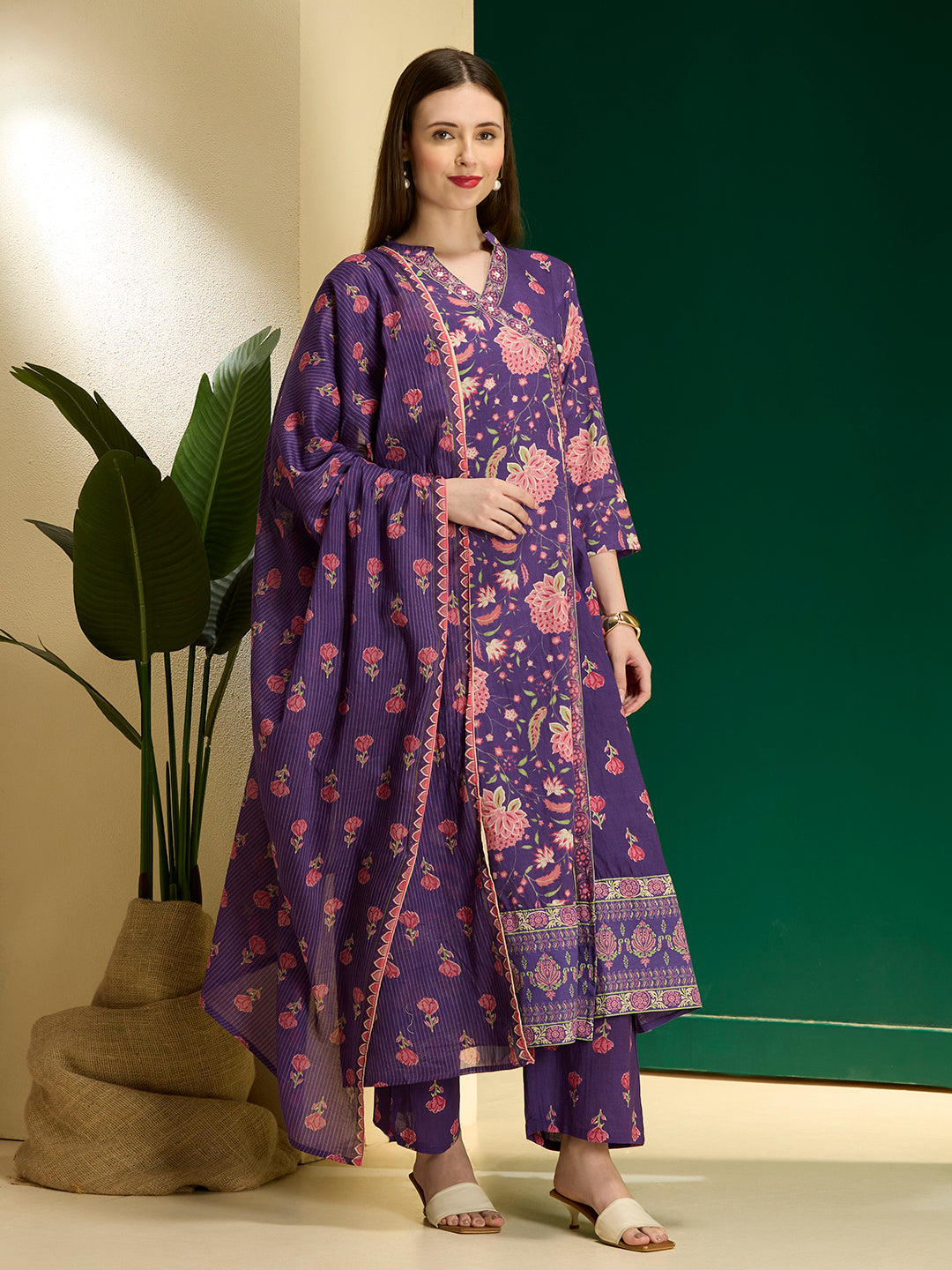 Ethnic Floral Printed Embroidered Anarkali Kurta with Palazzo & Dupatta - Purple