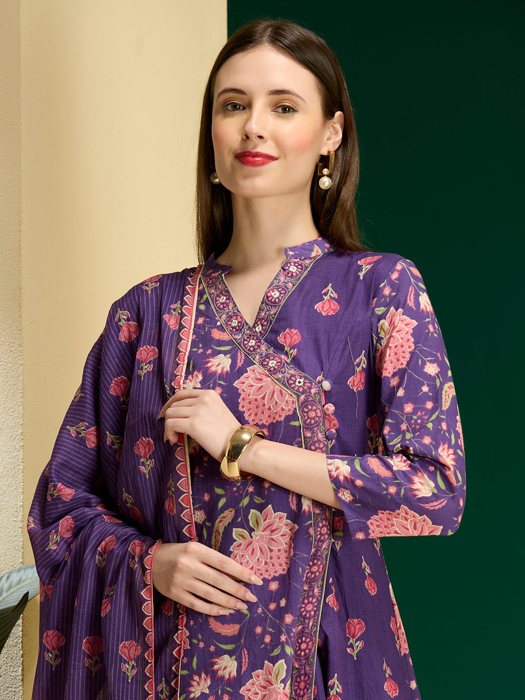 Ethnic Floral Printed Embroidered Anarkali Kurta with Palazzo & Dupatta - Purple