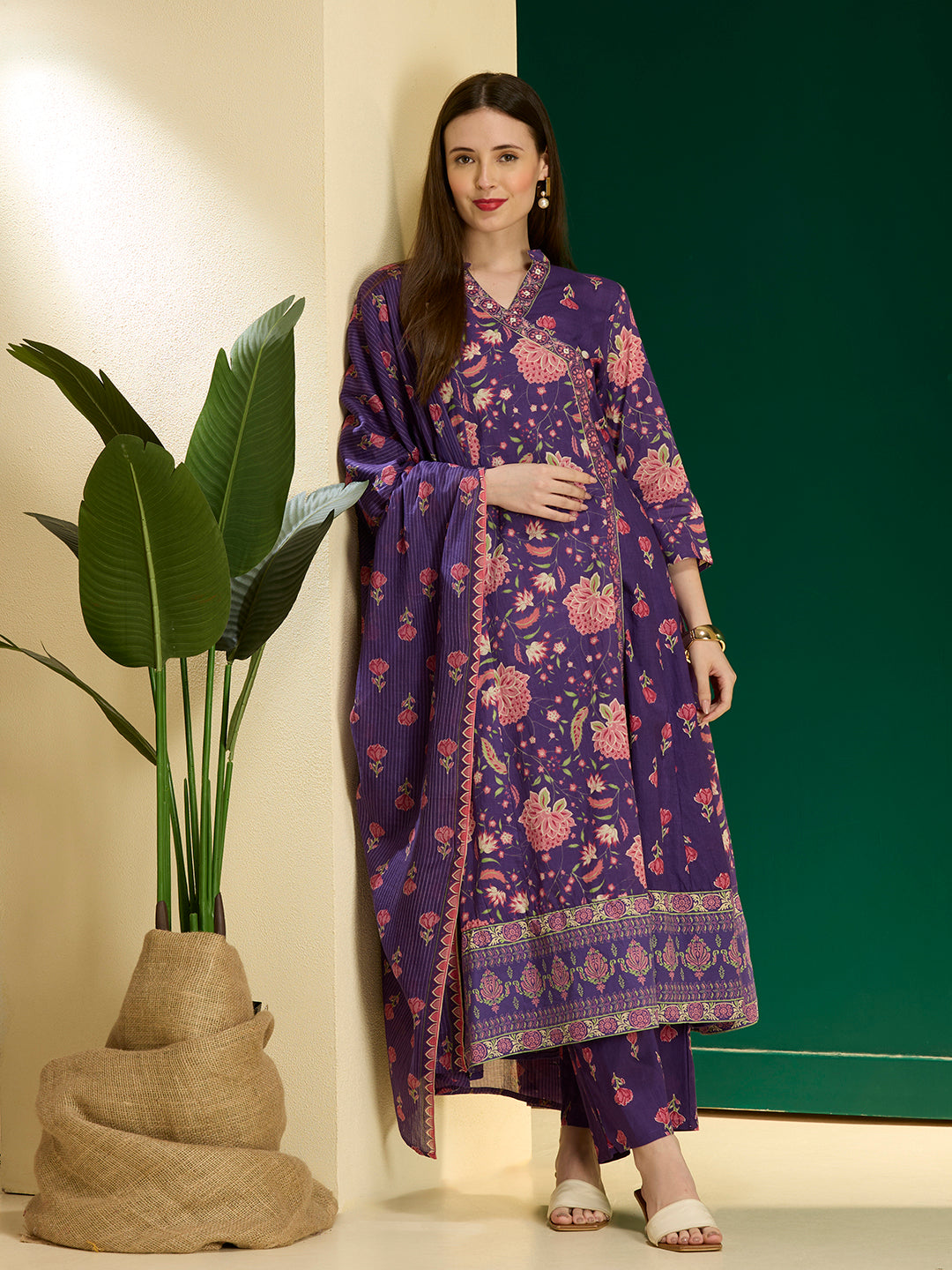 Ethnic Floral Printed Embroidered Anarkali Kurta with Palazzo & Dupatta - Purple