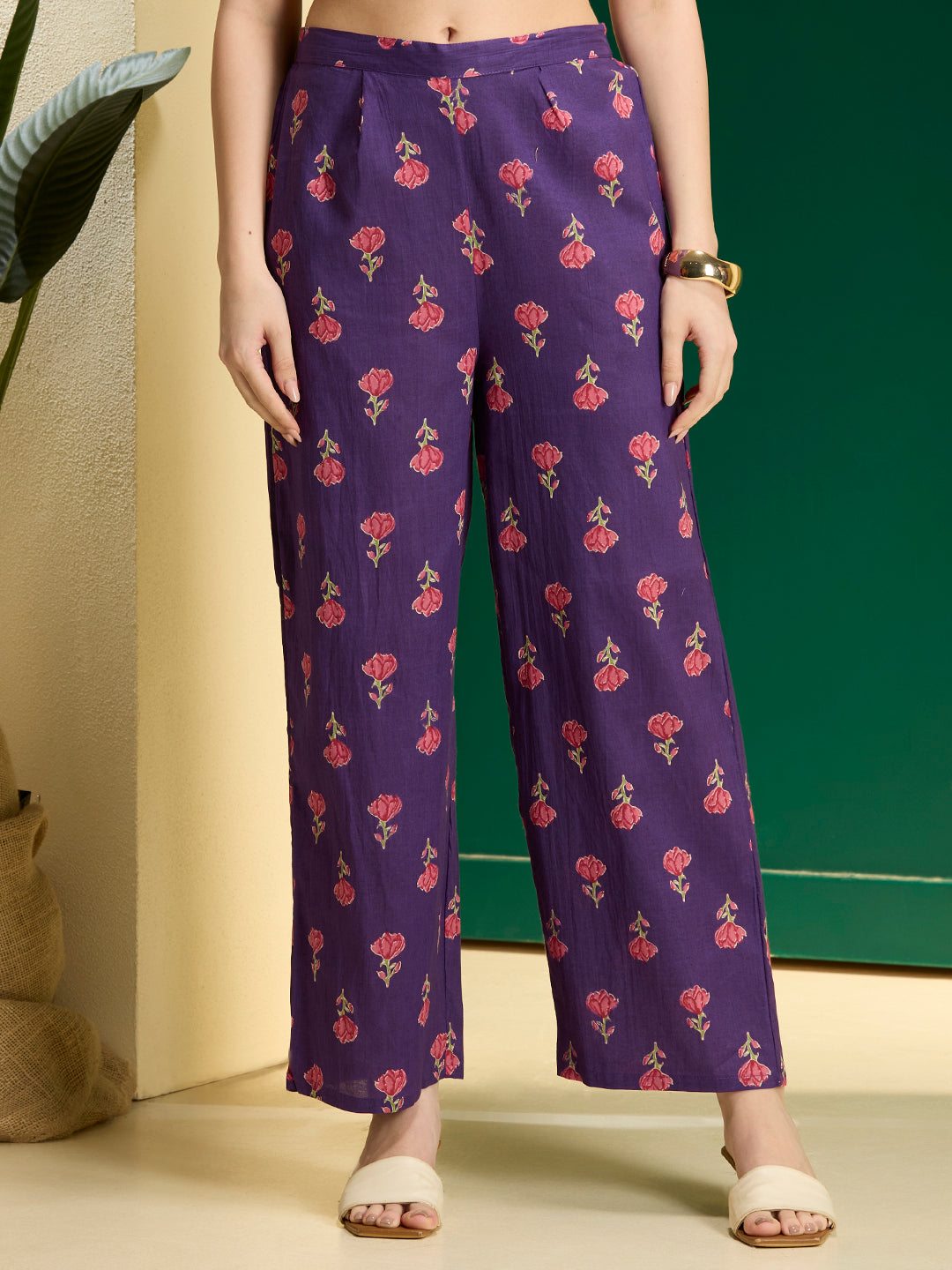 Ethnic Floral Printed Embroidered Anarkali Kurta with Palazzo & Dupatta - Purple