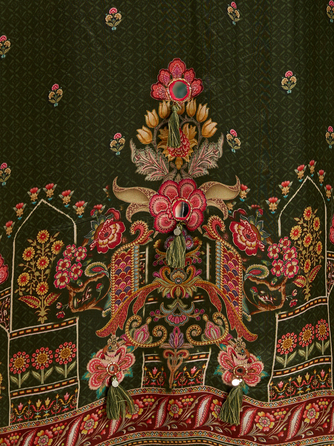 Ethnic Floral Printed & Embroidered Straight & Kurta with Pant and Dupatta - Green