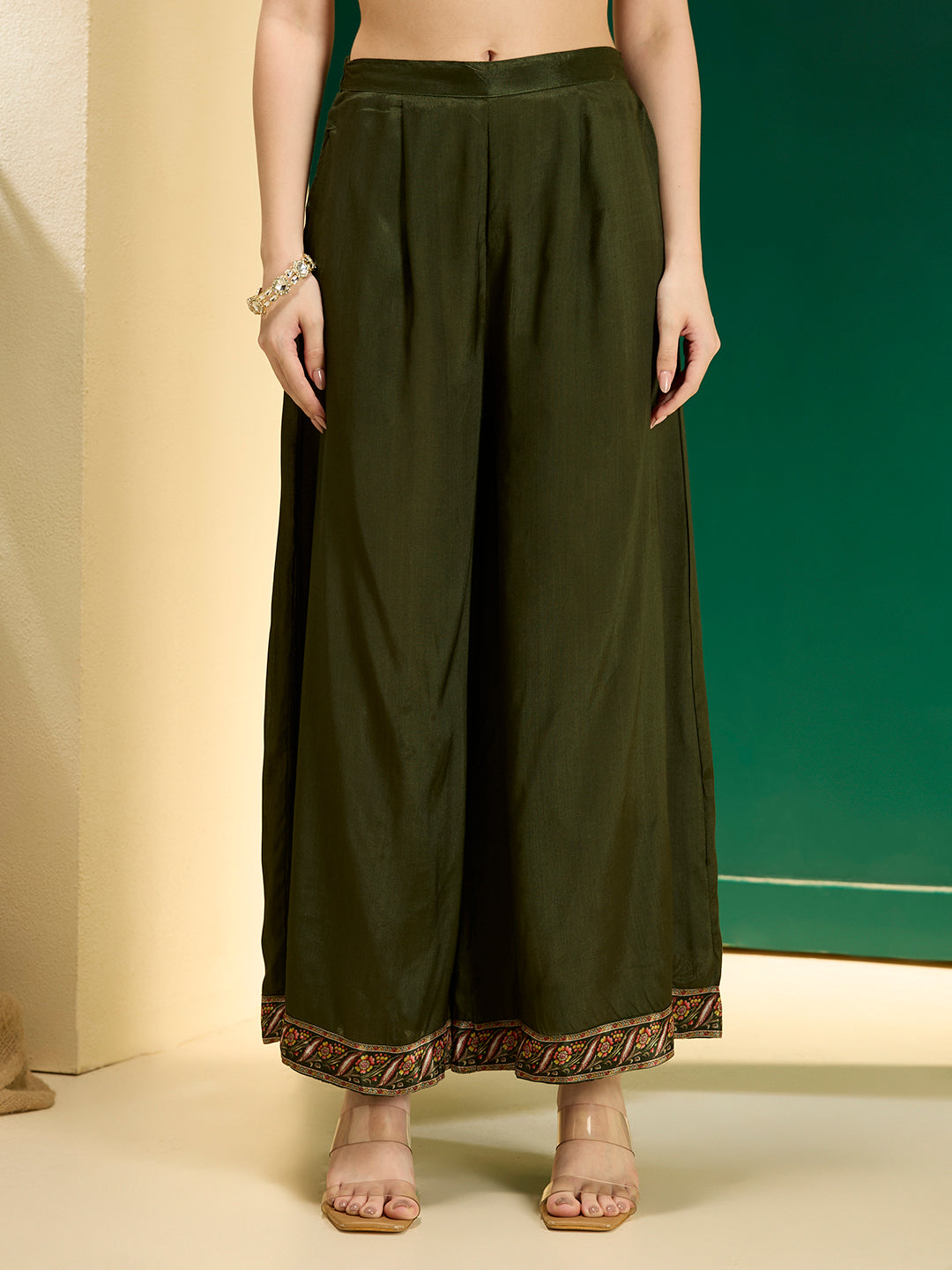 Ethnic Floral Printed & Embroidered Straight & Kurta with Pant and Dupatta - Green