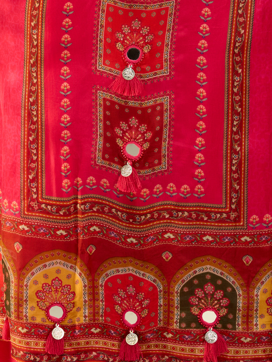 Ethnic Floral Printed & Embroidered Straight Fit Kurta with Pant and Dupatta - Rani