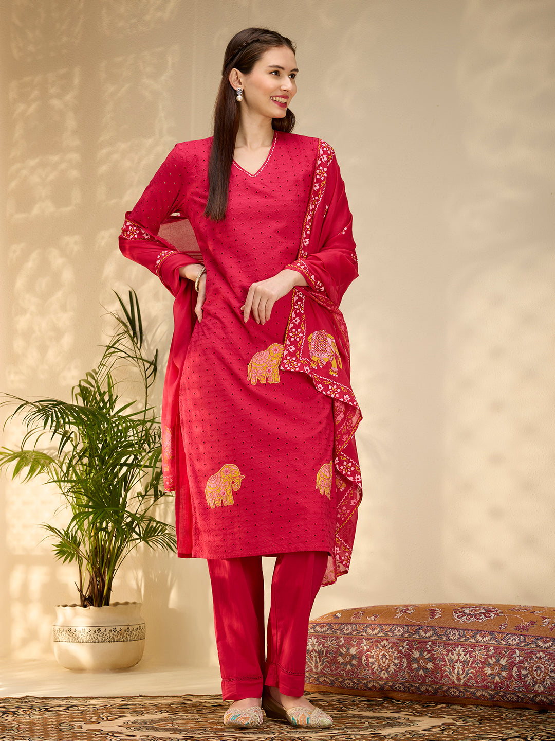 Solid Elephant Work Embroidered Straight Kurta with Palazzo & Dupatta - Rani