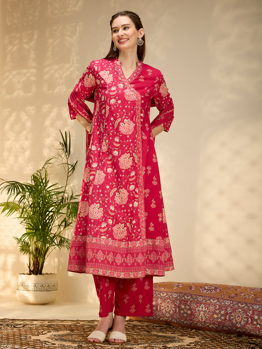 Ethnic Floral Printed Embroidered Anarkali Kurta with Palazzo & Dupatta - Pink