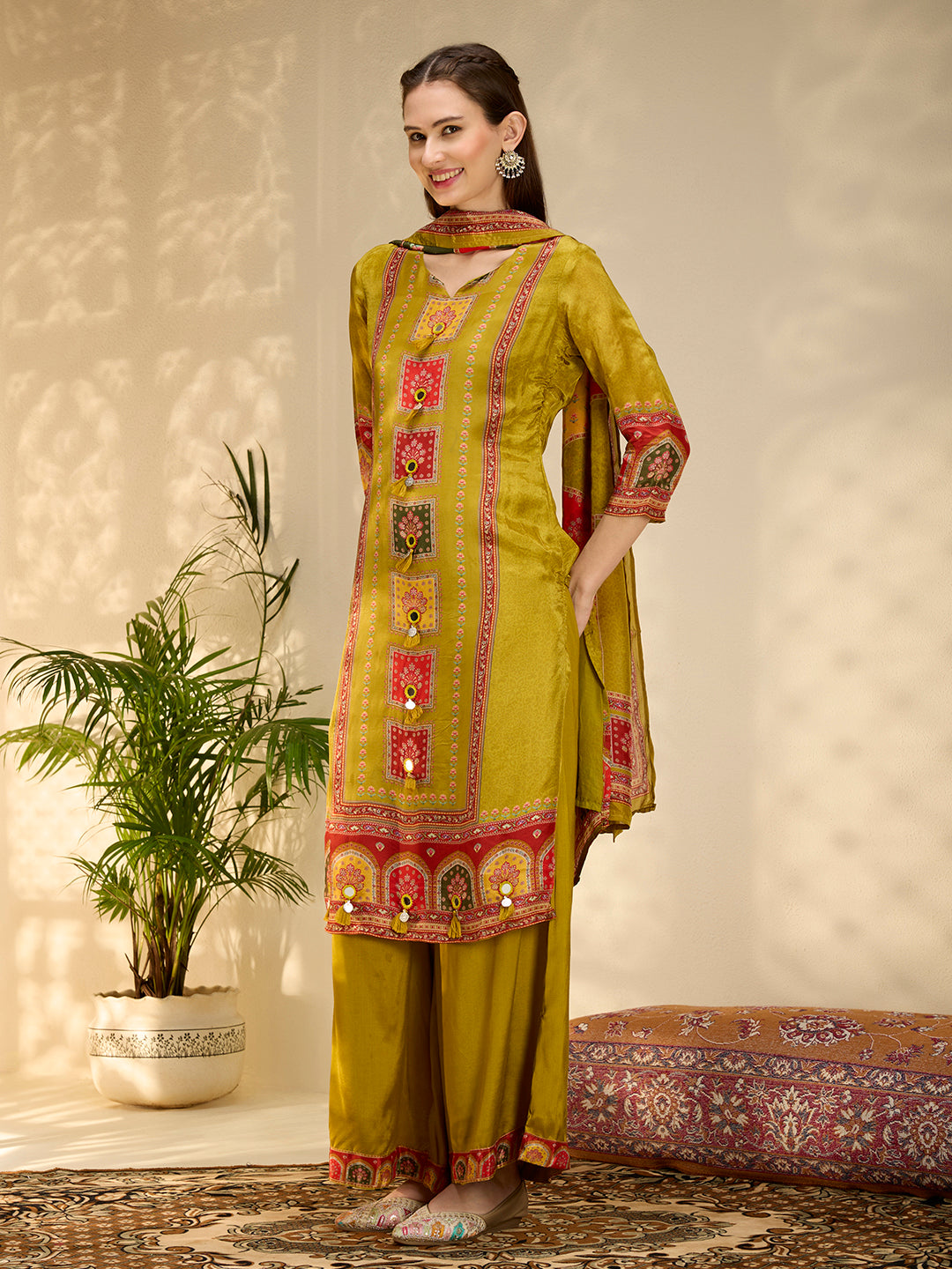 Ethnic Floral Printed & Embroidered Straight Fit Kurta with Pant and Dupatta - Lime Green