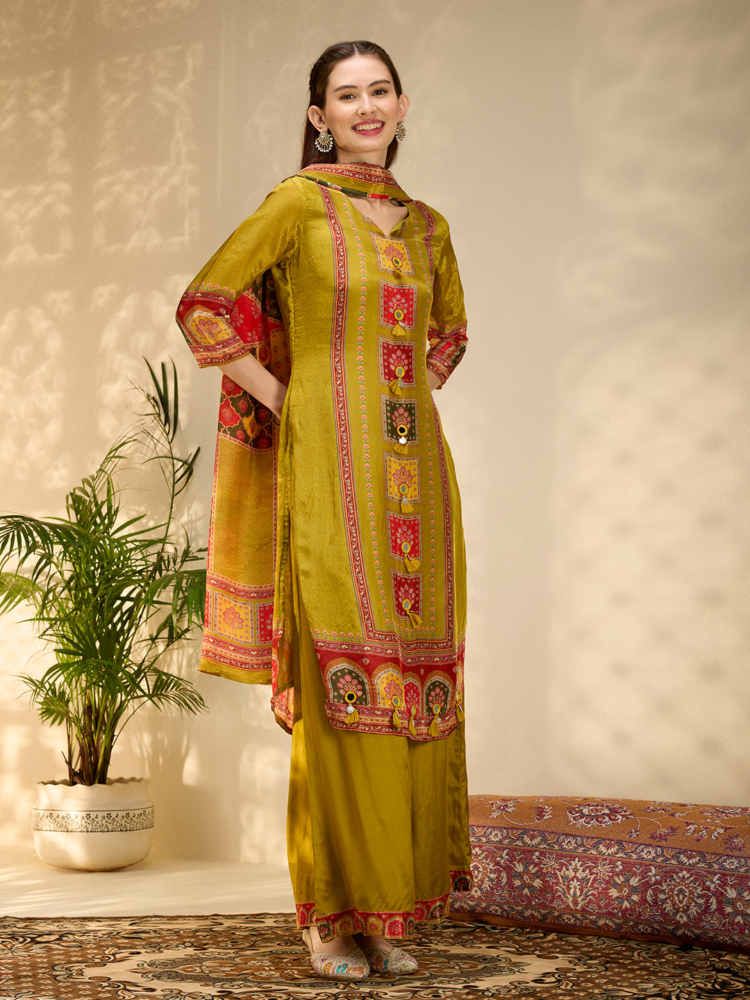 Ethnic Floral Printed & Embroidered Straight Fit Kurta with Pant and Dupatta - Lime Green