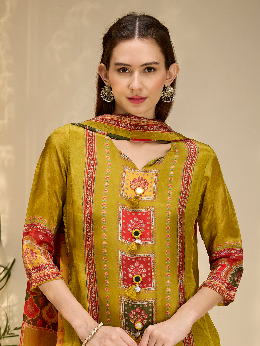 Ethnic Floral Printed & Embroidered Straight Fit Kurta with Pant and Dupatta - Lime Green
