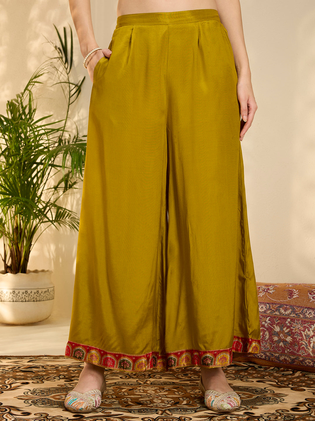 Ethnic Floral Printed & Embroidered Straight Fit Kurta with Pant and Dupatta - Lime Green