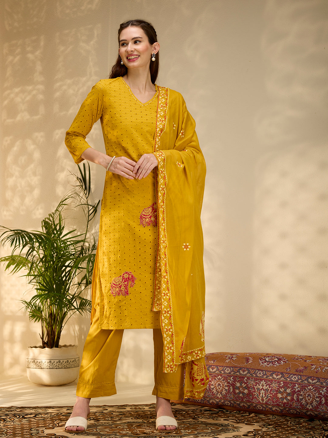Solid Elephant Work Embroidered Straight Kurta with Palazzo & Dupatta - Yellow
