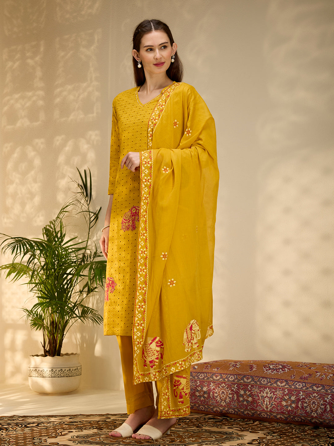 Solid Elephant Work Embroidered Straight Kurta with Palazzo & Dupatta - Yellow