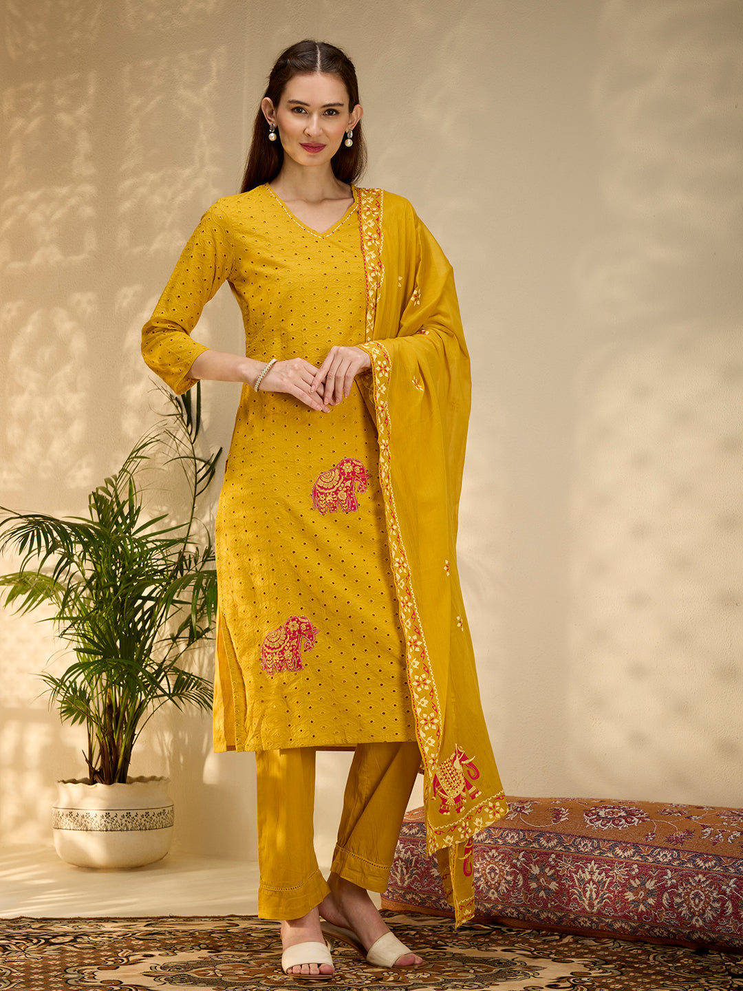 Solid Elephant Work Embroidered Straight Kurta with Palazzo & Dupatta - Yellow