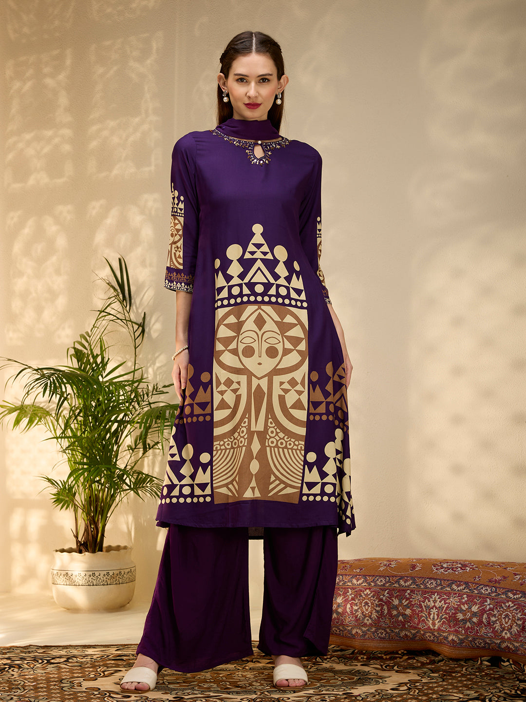 Geometric Printed & Embroidered A-Line Kurta with Palazzo & Dupatta - Purple