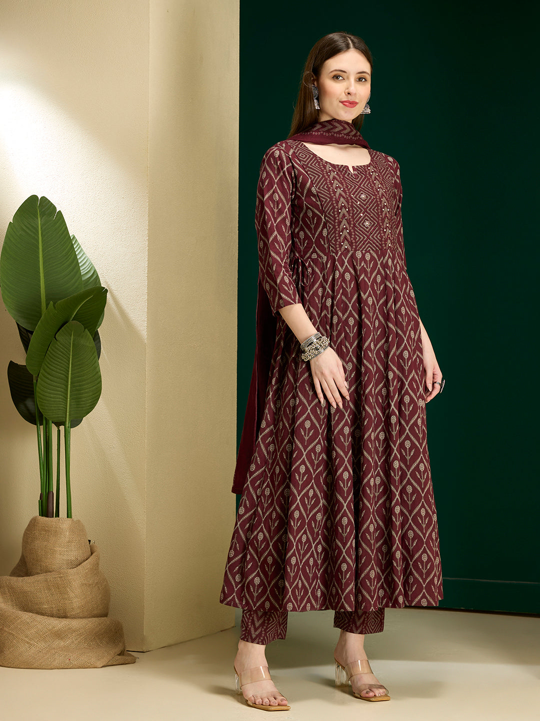 Ethnic Floral Printed Embroidered Anarkali Kurta with Pant & Dupatta - Wine