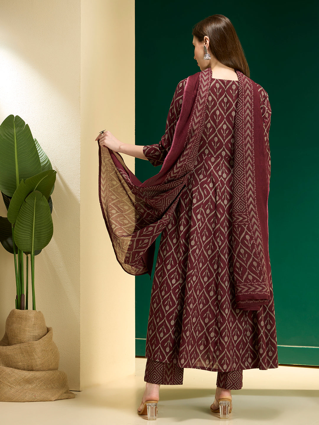 Ethnic Floral Printed Embroidered Anarkali Kurta with Pant & Dupatta - Wine