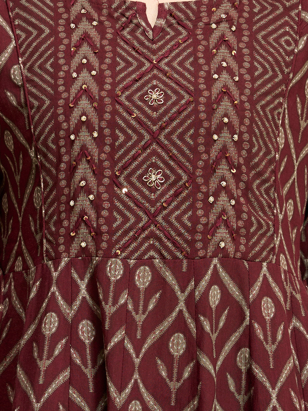 Ethnic Floral Printed Embroidered Anarkali Kurta with Pant & Dupatta - Wine