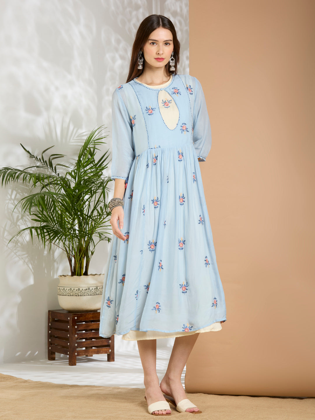 Solid Floral Embroidered A-Line Pleated Jacket with Midi Dress - Blue
