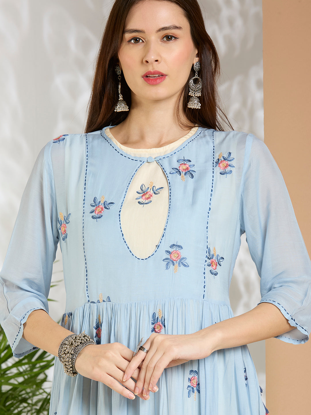 Solid Floral Embroidered A-Line Pleated Jacket with Midi Dress - Blue