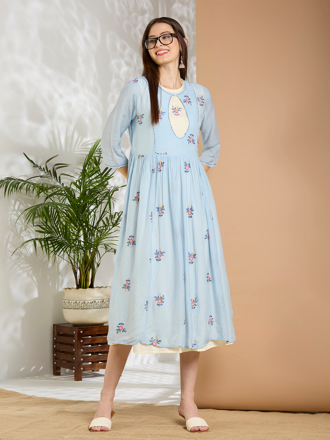 Solid Floral Embroidered A-Line Pleated Jacket with Midi Dress - Blue