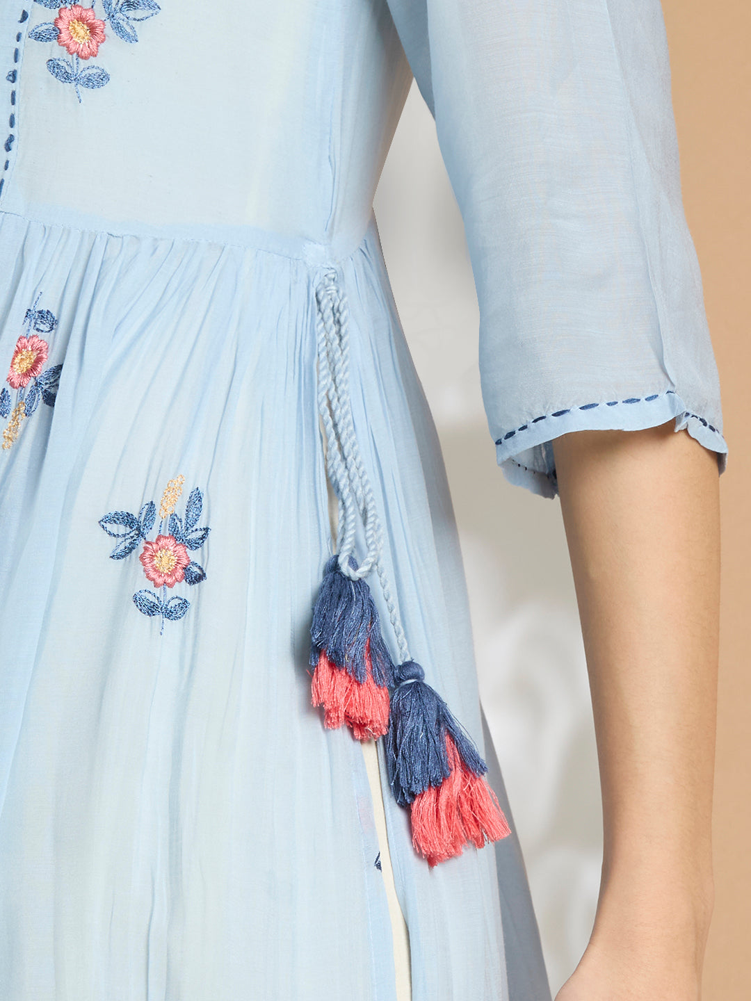 Solid Floral Embroidered A-Line Pleated Jacket with Midi Dress - Blue