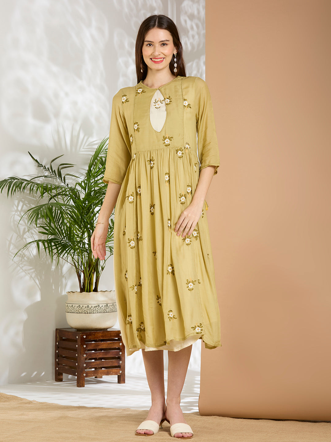 Solid Floral Embroidered A-line Pleated Jacket with Midi Dress - Green