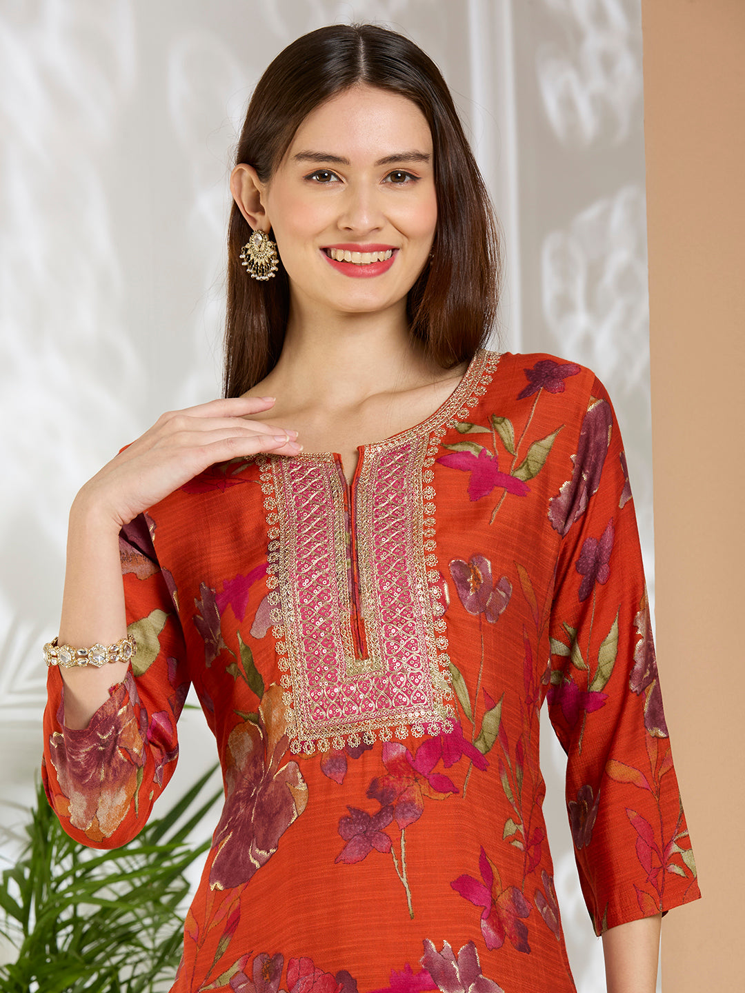 Ethnic Floral Printed & Embroidered Straight Fit Kurta - Red