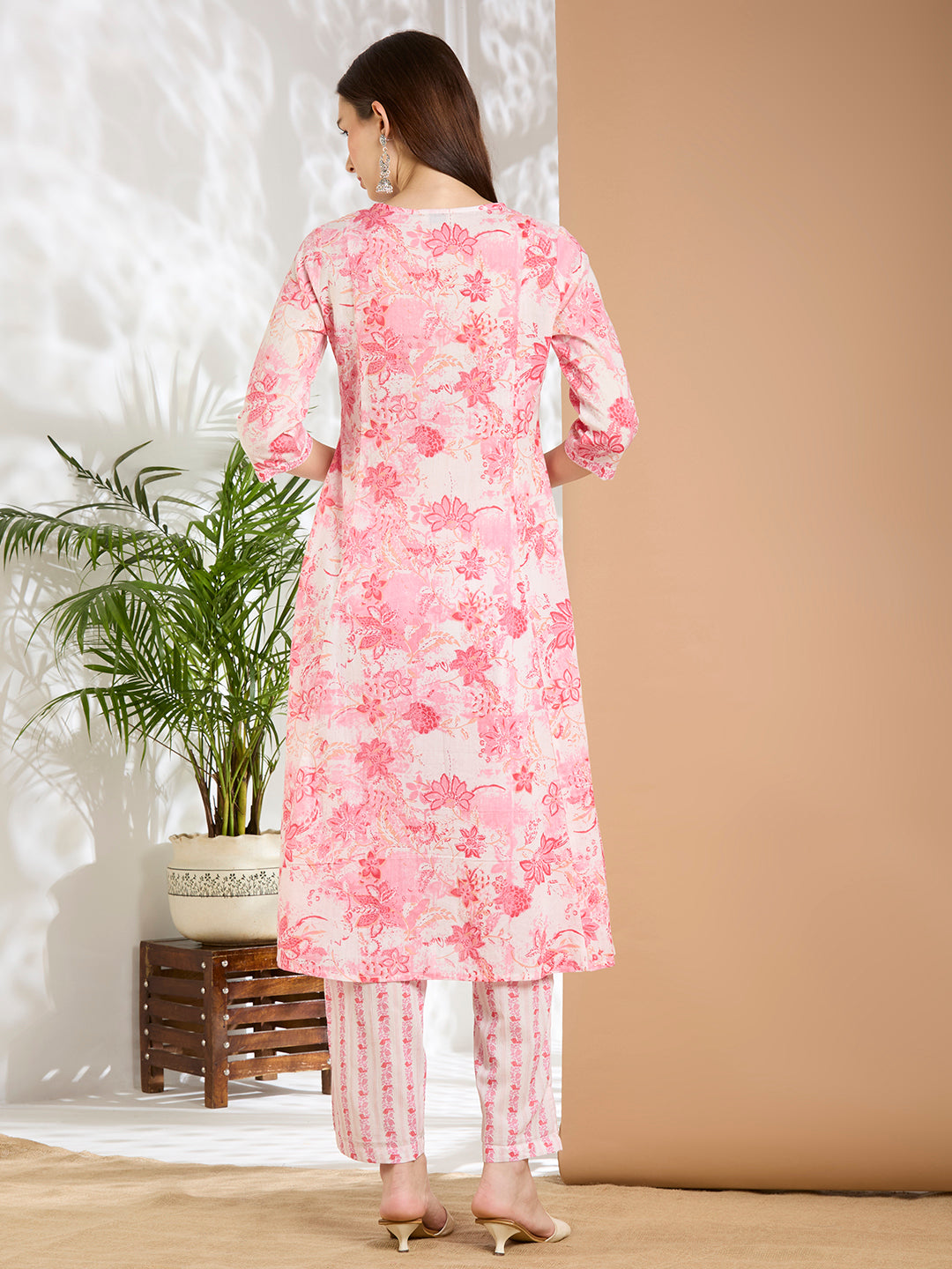 Floral Printed A-Line Cotton Kurta with Pant - Pink