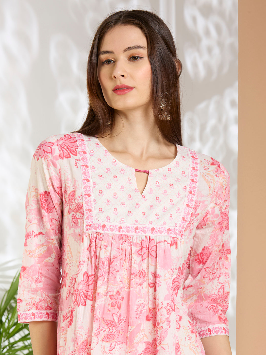 Floral Printed A-Line Cotton Kurta with Pant - Pink