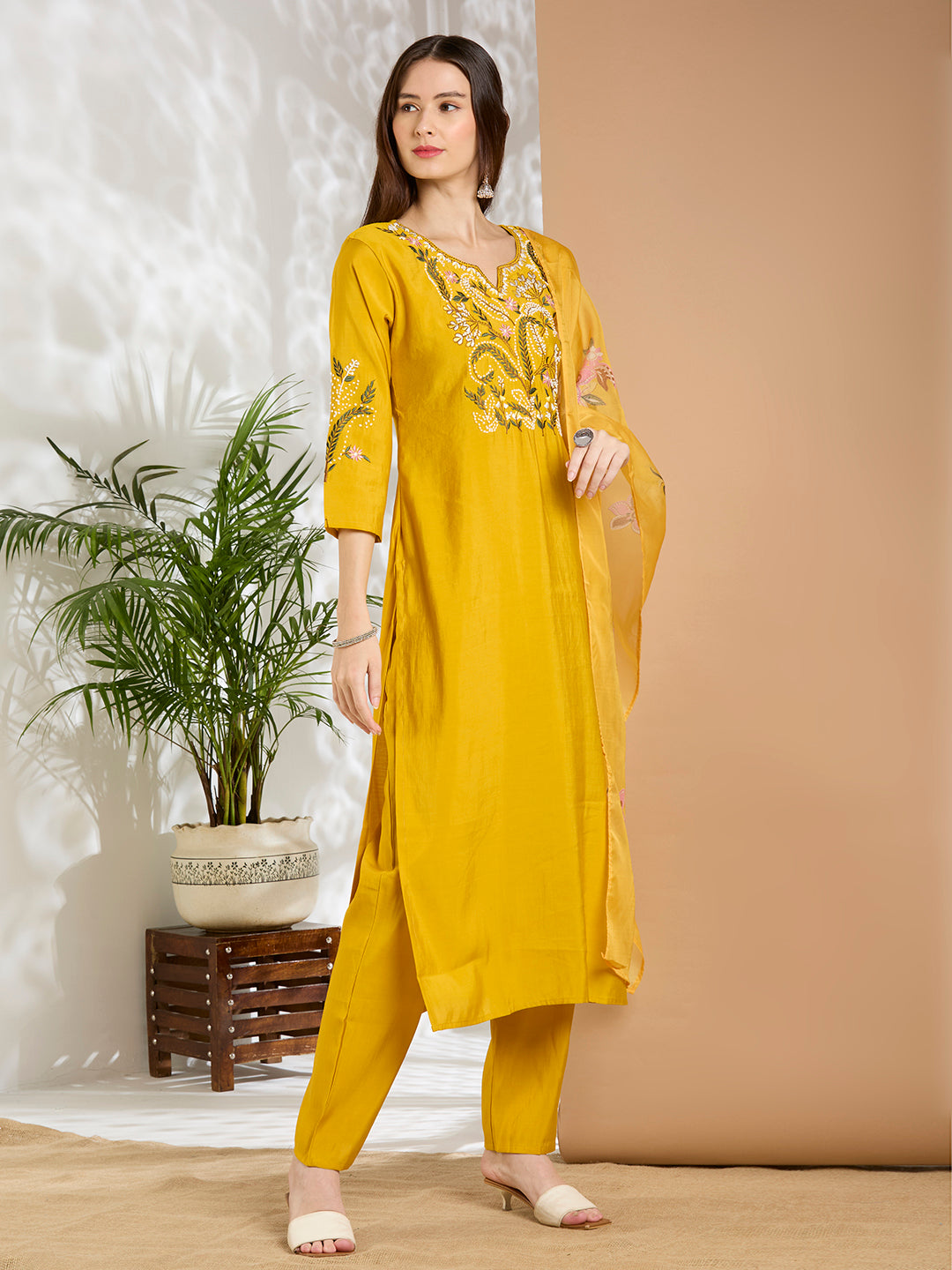 Solid Floral Hand Embroidered Straight Fit Kurta with Pant & Dupatta - Yellow