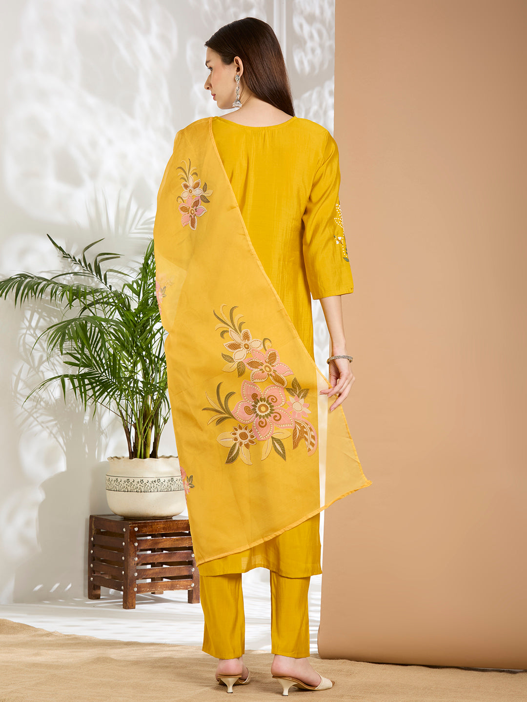 Solid Floral Hand Embroidered Straight Fit Kurta with Pant & Dupatta - Yellow
