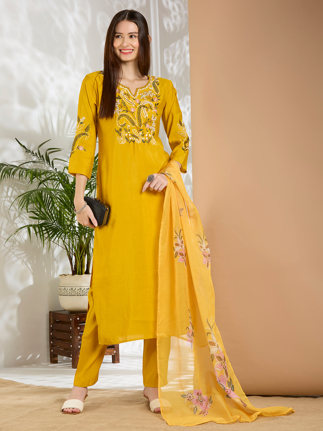 Solid Floral Hand Embroidered Straight Fit Kurta with Pant & Dupatta - Yellow