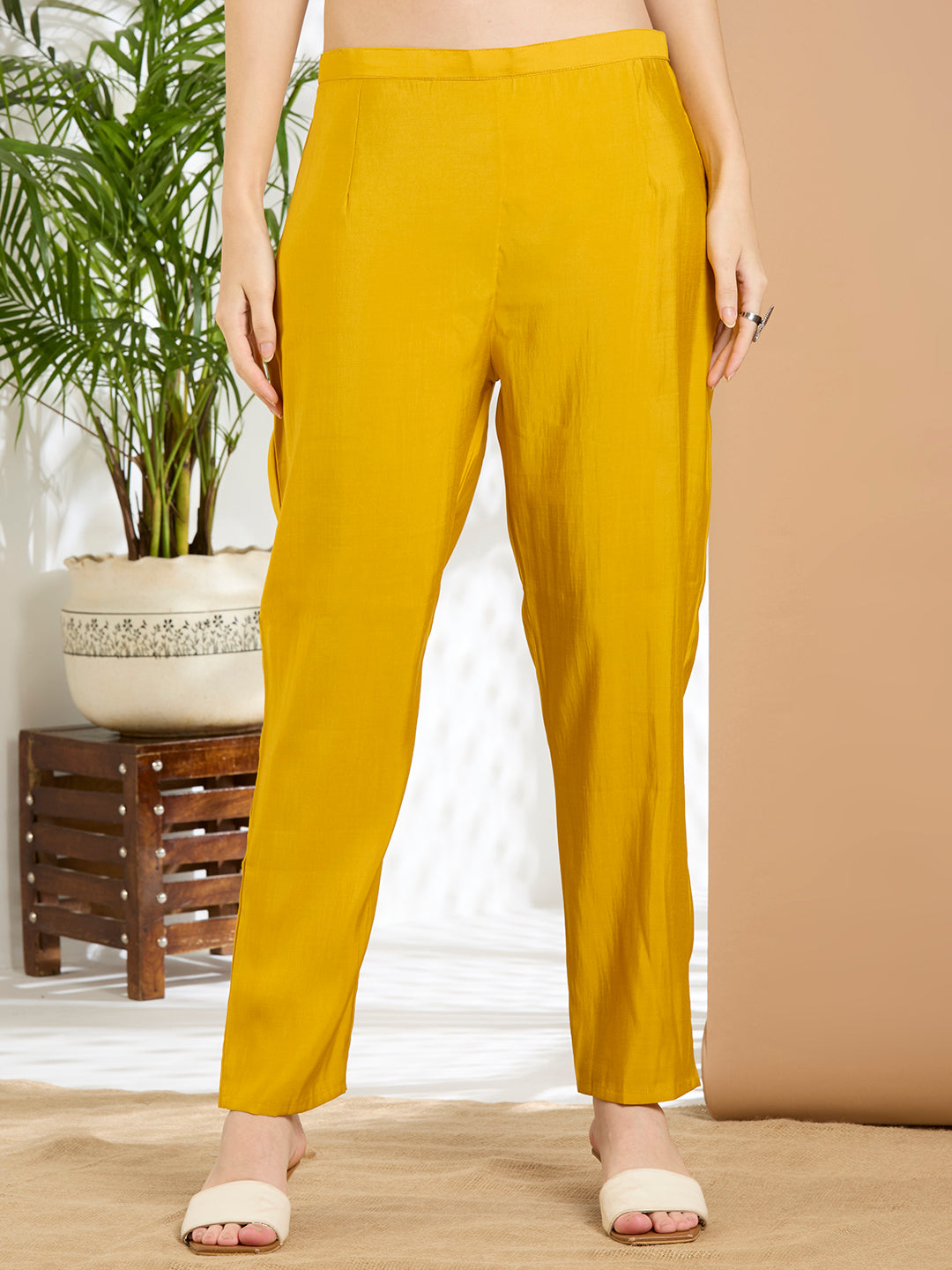 Solid Floral Hand Embroidered Straight Fit Kurta with Pant & Dupatta - Yellow