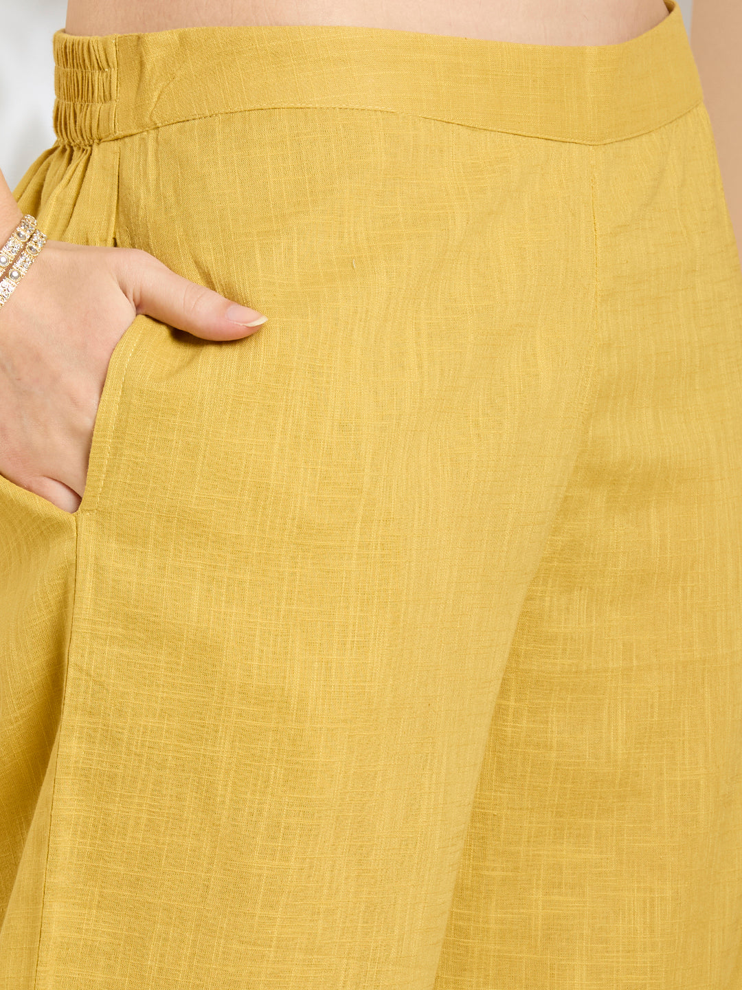 Solid Floral Embroidered A-Line Panelled Kurta with Pant & Printed Dupatta - Yellow