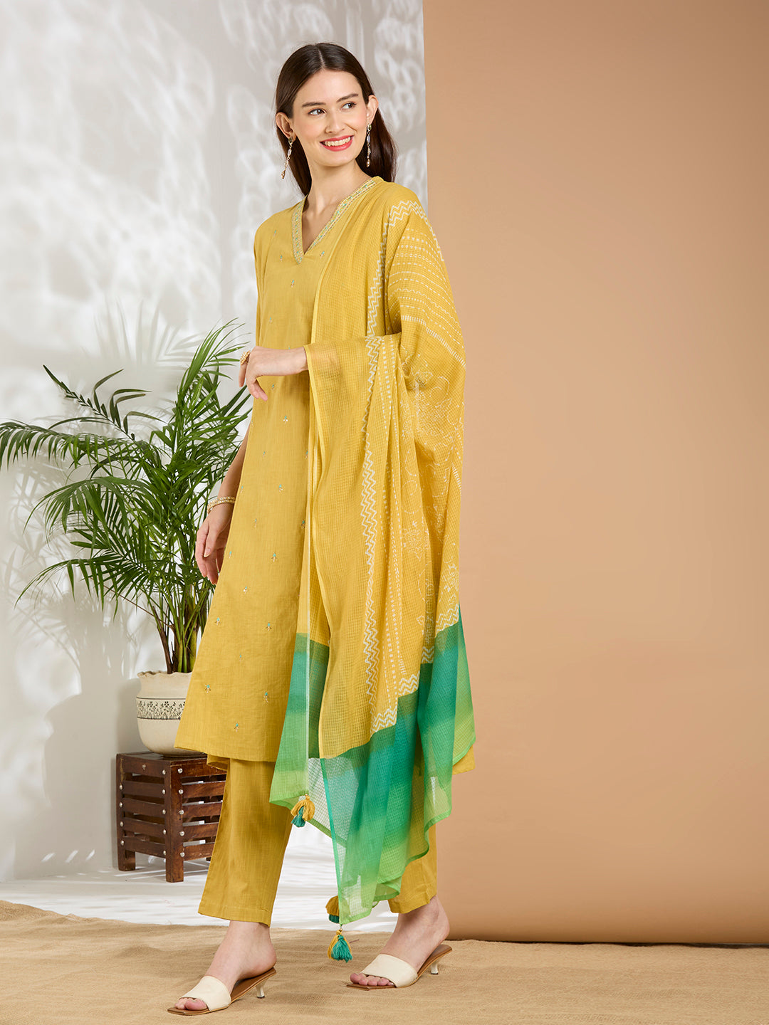 Solid Floral Embroidered A-Line Panelled Kurta with Pant & Printed Dupatta - Yellow