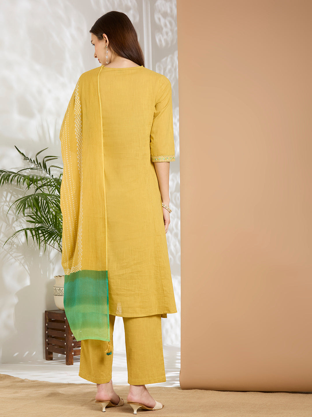 Solid Floral Embroidered A-Line Panelled Kurta with Pant & Printed Dupatta - Yellow