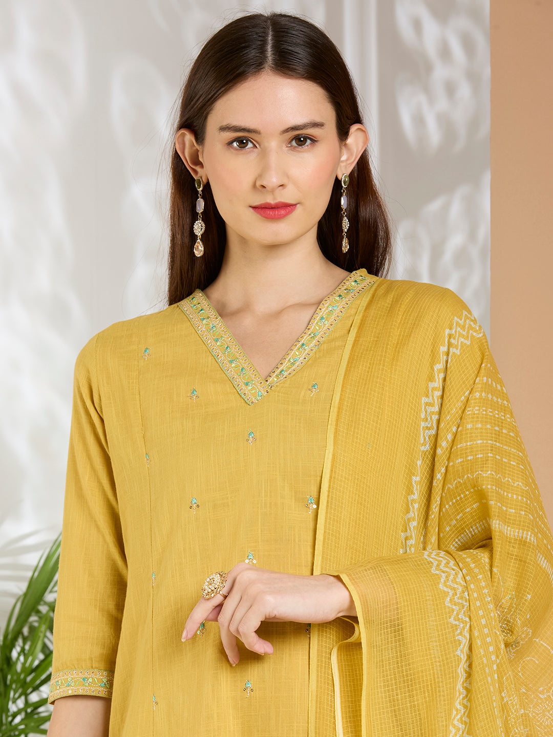Solid Floral Embroidered A-Line Panelled Kurta with Pant & Printed Dupatta - Yellow