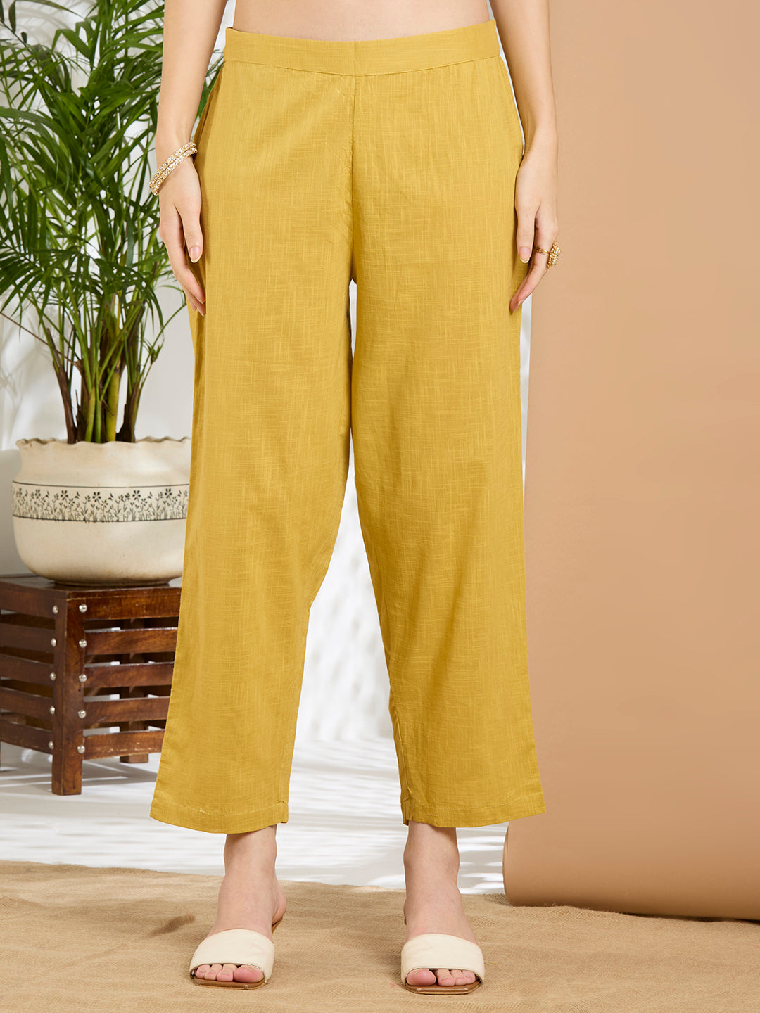 Solid Floral Embroidered A-Line Panelled Kurta with Pant & Printed Dupatta - Yellow