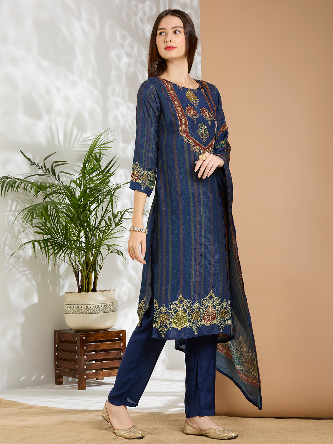 Ethnic Floral Printed & Embroidered Straight Fit Kurta with Pant and Dupatta - Navy Blue