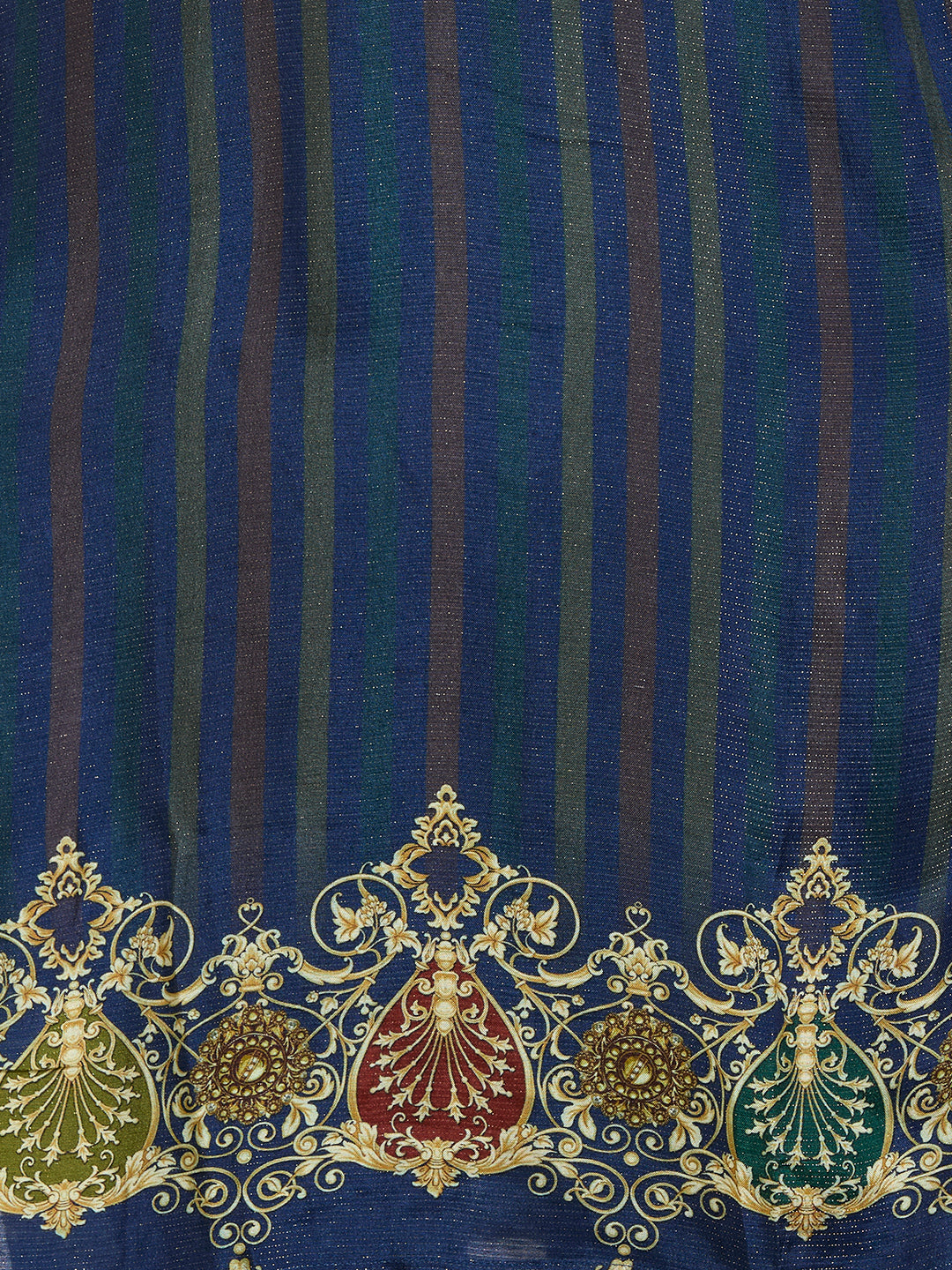 Ethnic Floral Printed & Embroidered Straight Fit Kurta with Pant and Dupatta - Navy Blue
