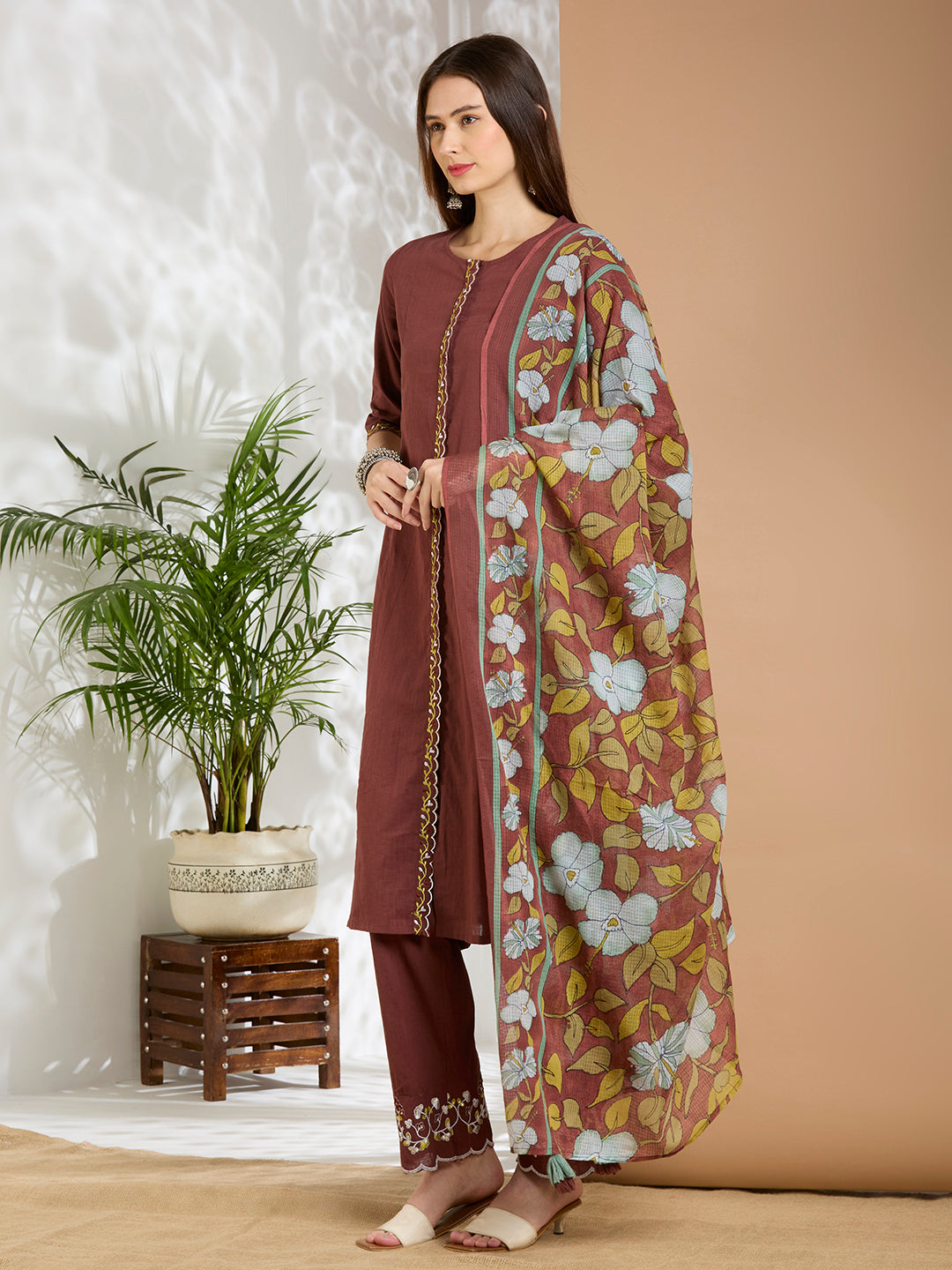 Solid Floral Embroidered A-Line Panelled Kurta with Pant & Printed Dupatta - Brown