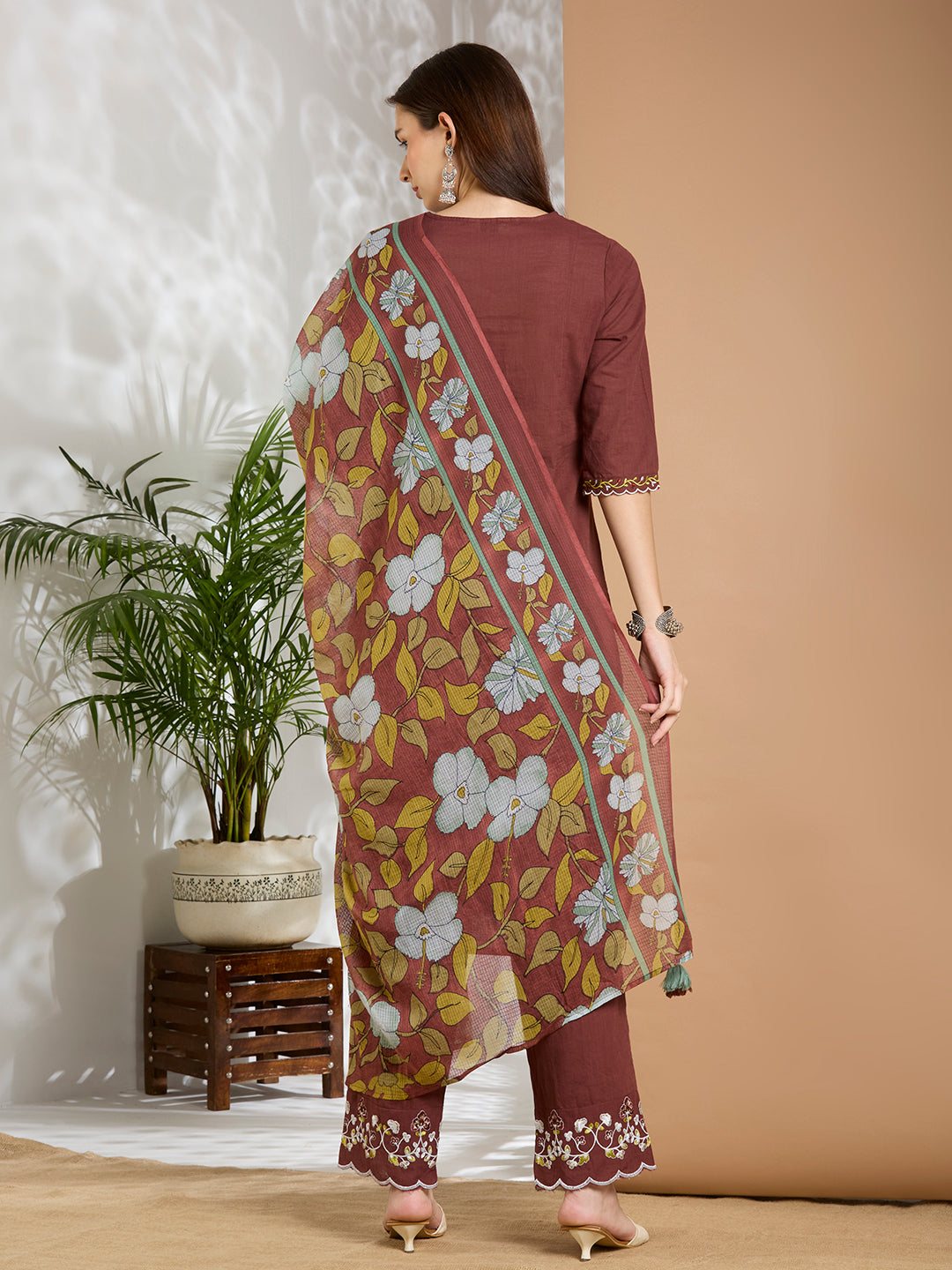Solid Floral Embroidered A-Line Panelled Kurta with Pant & Printed Dupatta - Brown