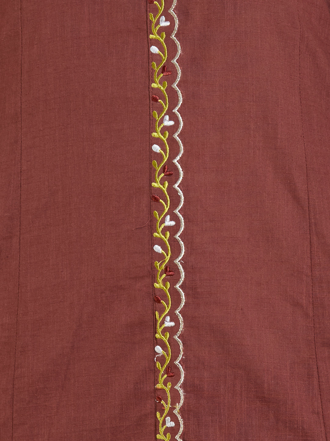 Solid Floral Embroidered A-Line Panelled Kurta with Pant & Printed Dupatta - Brown