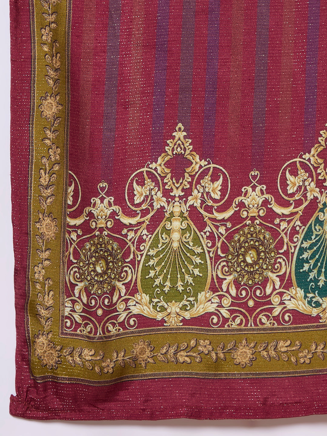 Ethnic Floral Printed & Embroidered Straight Fit Kurta with Pant and Dupatta - Burgundy