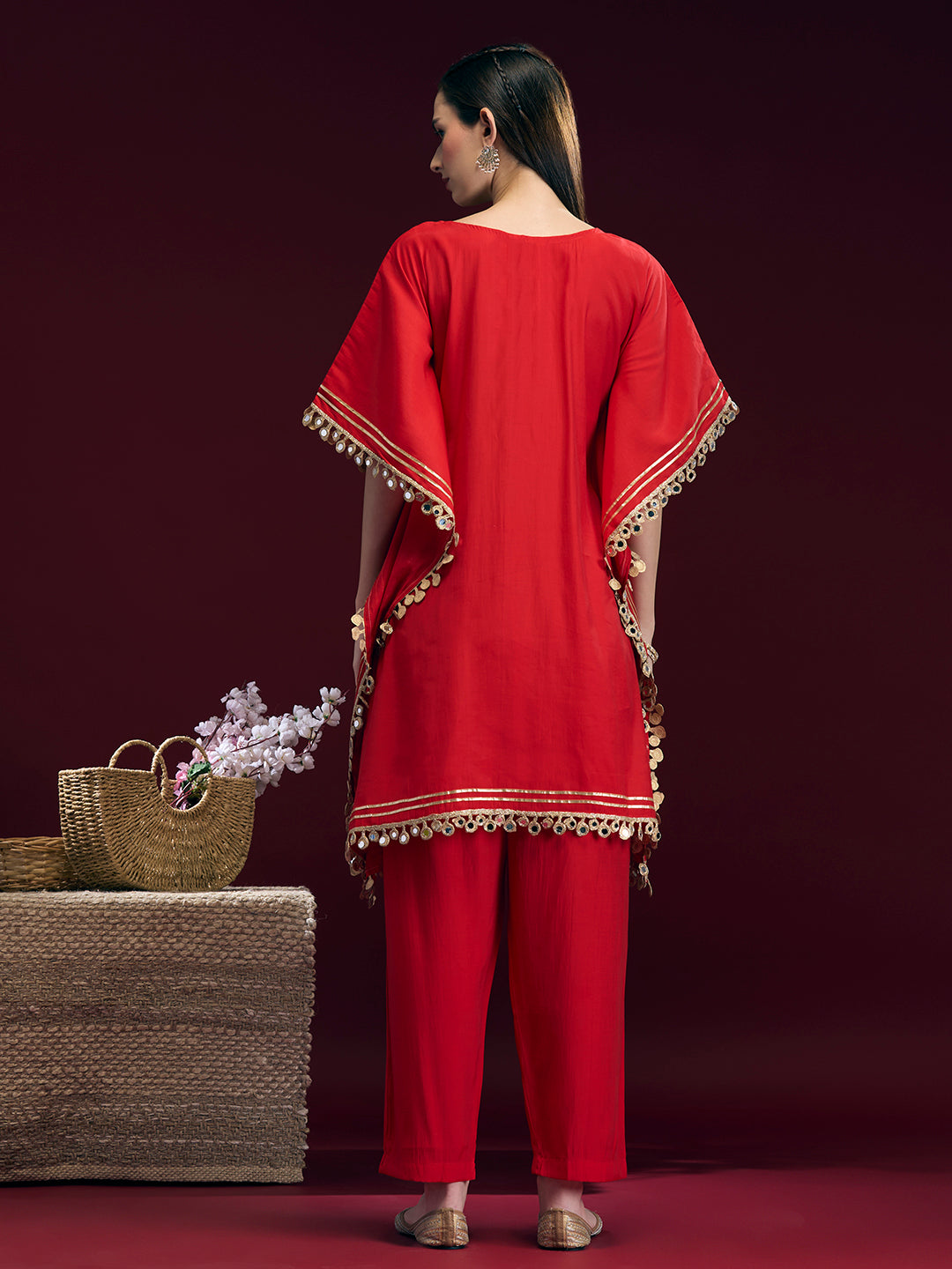 Festive Ethnic Mirror Embroidered Kaftan Kurta with Pant - Red